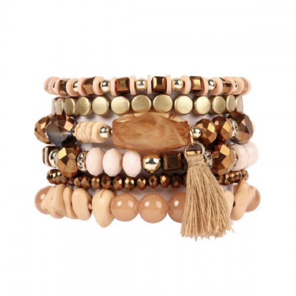 Beautiful Boho Style Bronze and Gold Jeweled Toned Stacking Bracelets - Picture 3 of 4